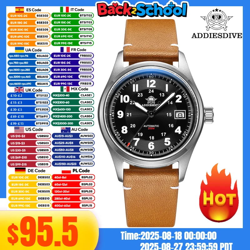 

ADDIESDIVE AD2048 Men's Watch Sapphire Crystal Leather Strap 20Bar Diving BGW9 Super Luminous Automatic Mechanical Watches