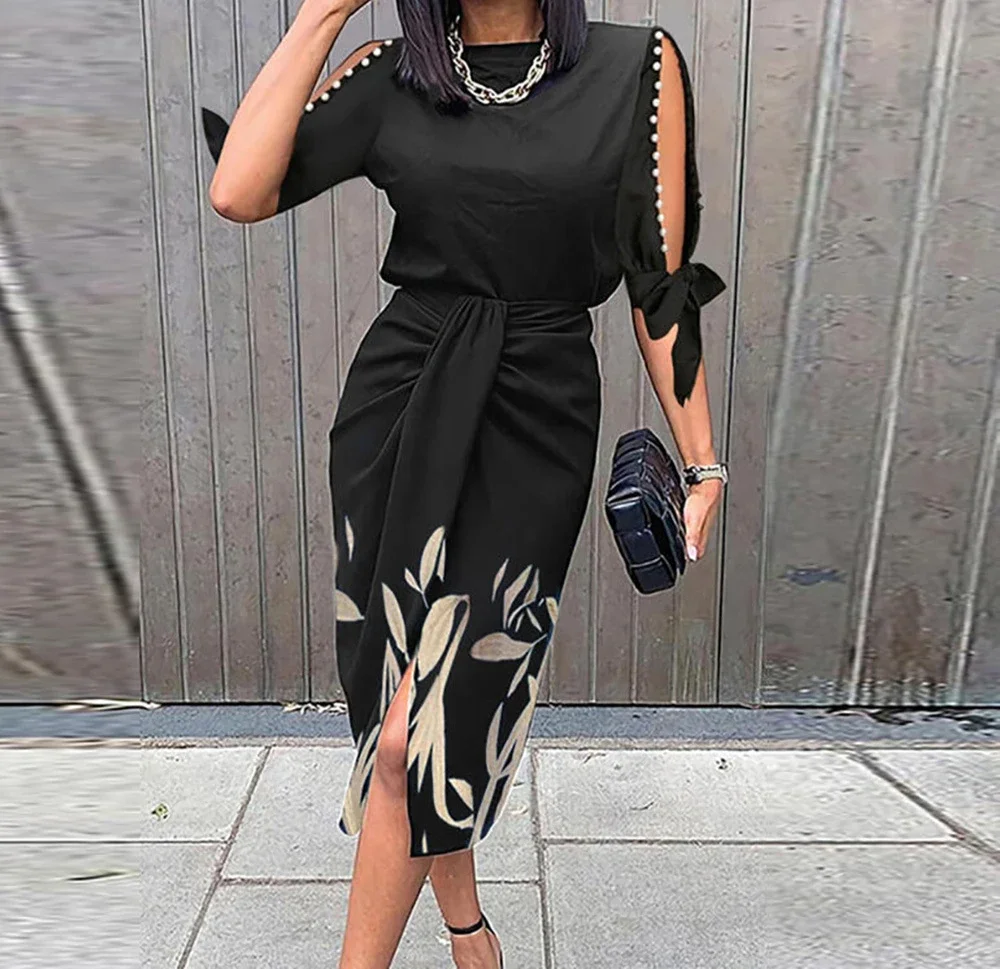 

Sexy Dress Women 2024 Printed Fashion Slit Slim Fit Pleated Dresses Elegant Pullover Round Neck Short Sleeve Skirt for Female