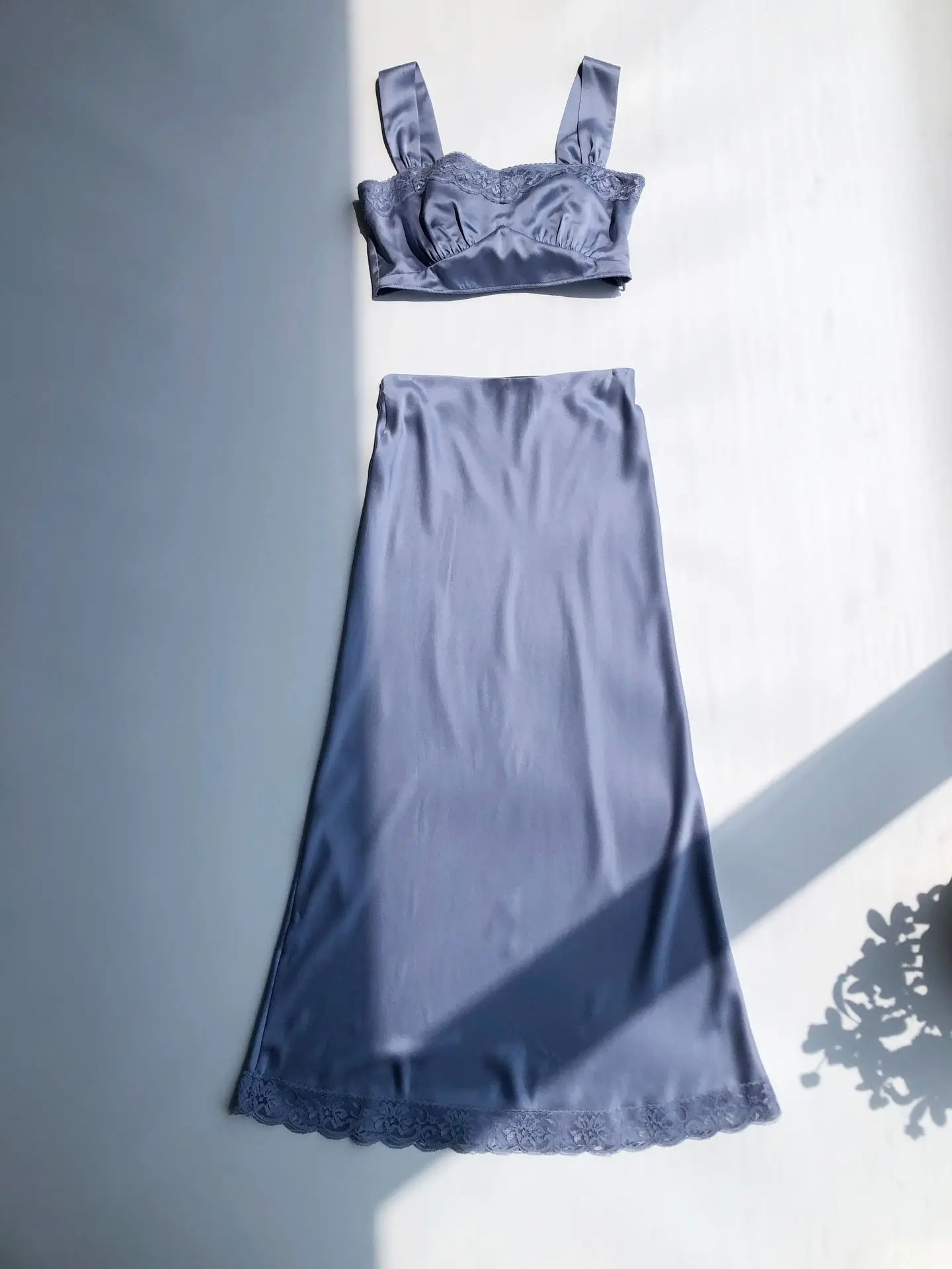 Women 100% Silk Blue Set Lace Embroidery Patchwork V-Neck Sleeveless Vest + High Waist A-Line Midi Skirt Elegant Suits