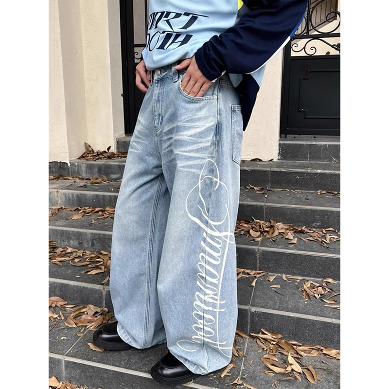 

YIBASHU женские синие мешковатые джинсы с буквенным принтом Y2k, джинсовые брюки в японском стиле 2000-х годов, винтажные джинсы большого размера в стиле Харадзюку, осенние брюки