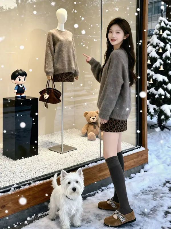 

Ретро-комплект из уникального вязаного свитера и юбки с леопардовым принтом, весна 2026, модный, удобный, с завышенной талией, облегающий крой