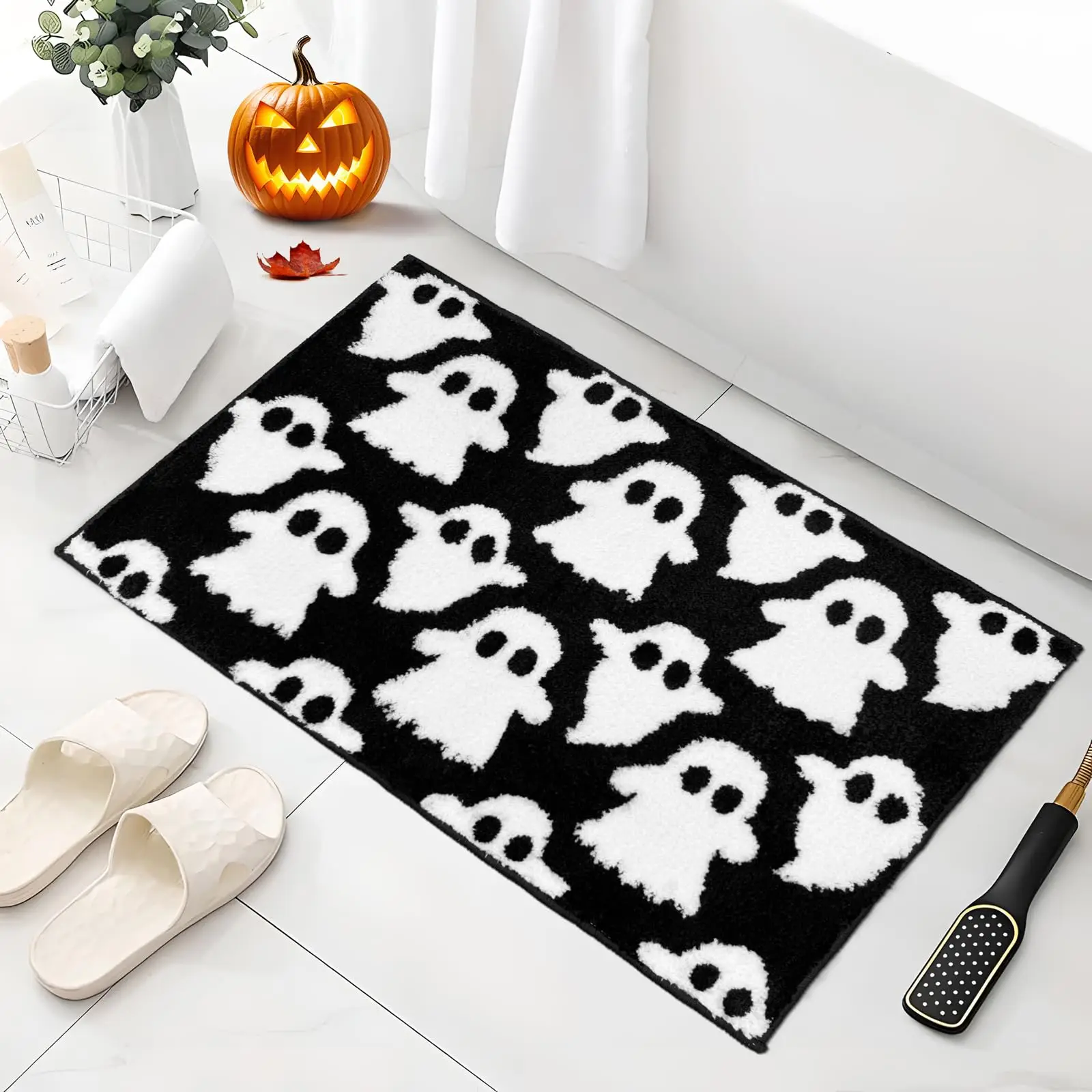 VIKAMA Halloween fantôme tapis de bain noir mignon fantôme salle de bain décor anti-dérapant lavable en Machine tapis de bain vacances décor à la maison
