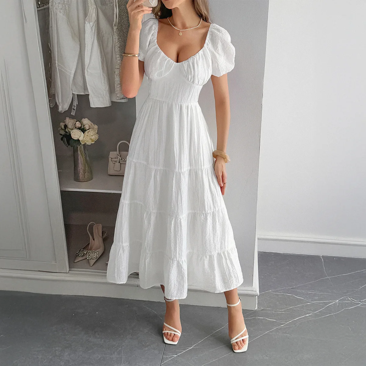 

Long Dress Women Dresses White A Line Vestidos V Neck Short Sleeve High Waist Elegant Splice Y2k Streetwear Beach Casual Work