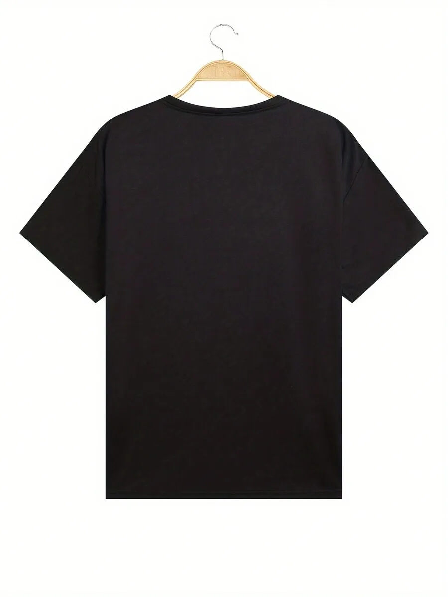 Women's Slogan Print Round Neck Short Sleeve Casual T-Shirt Black Summer
