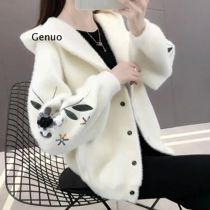 

Imitation Mink Cashmere Coat Women 2022 Autumn Winter Embroidered Clothing Hooded Cardigan Hooded Knitted Jacket Female Outwear