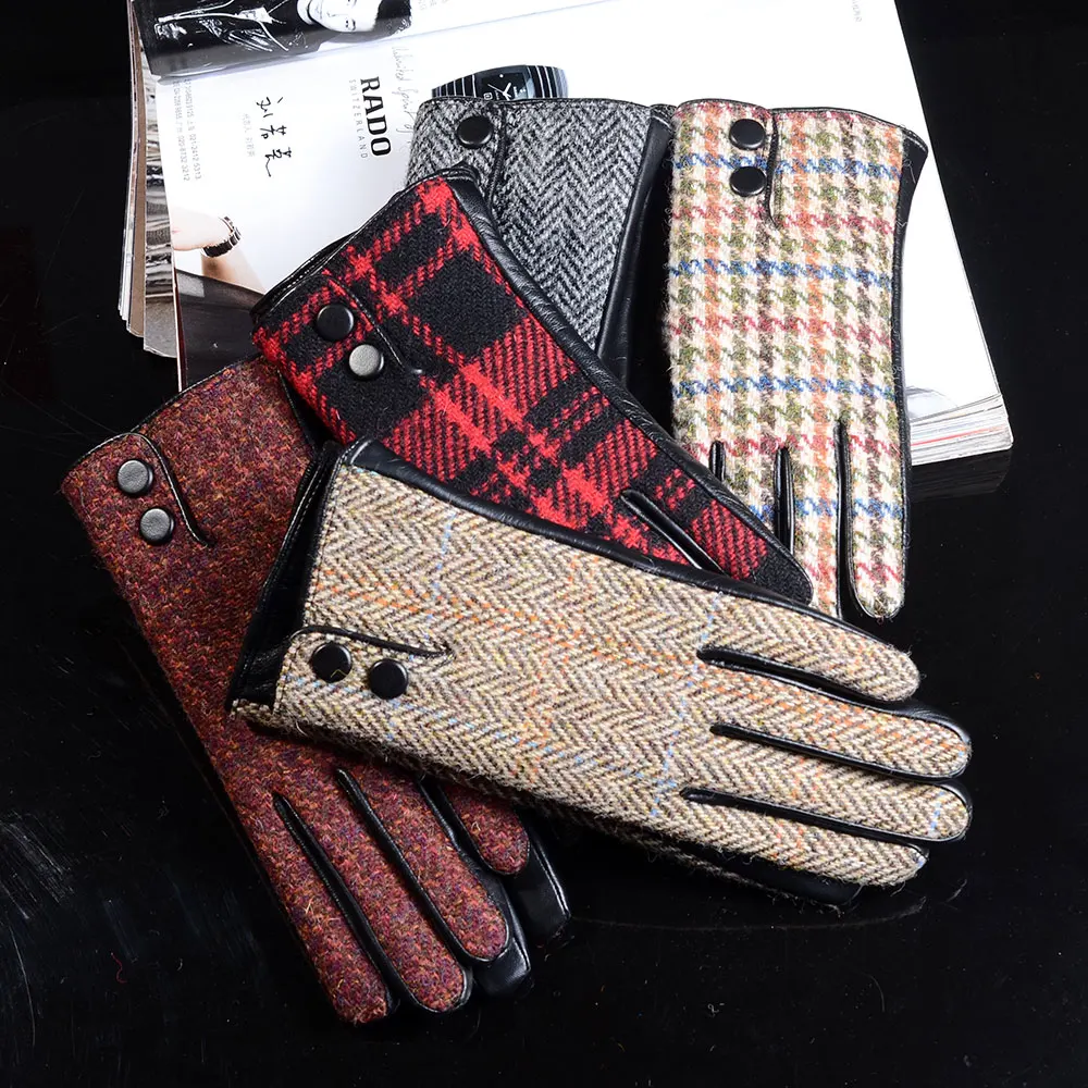 New Women's Ladies Wool Tweed & Leather Winter Warm Thicker Lining  fashion Touch Screen Driving Short Gloves