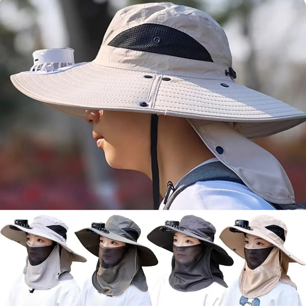 

Digital Display Screen Sun Hat with Solar Fan Neck Protection Breathable Mesh Face Cover Bucket Hat Detachable Adjustable