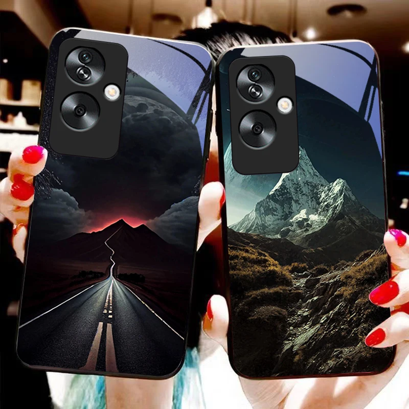 Night light scenery For Oppo A79 5G 58 78 74 60 4G Reno 11F Realme GT 6 11 Note 50 10 C55 X2 Tempered glass black phone case