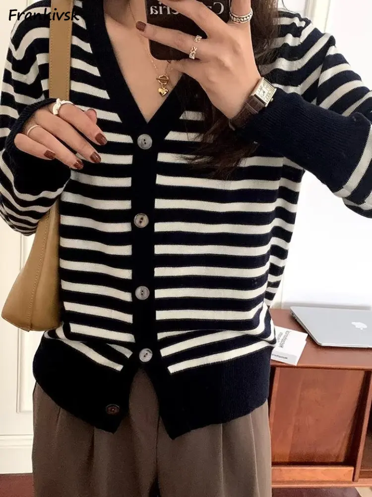 S-5XL Cardigan Women Striped Chic Autumn Fashion Korean Style All-match Hot Sales Basic Minimalist Knitwear V-neck Elegant Lady