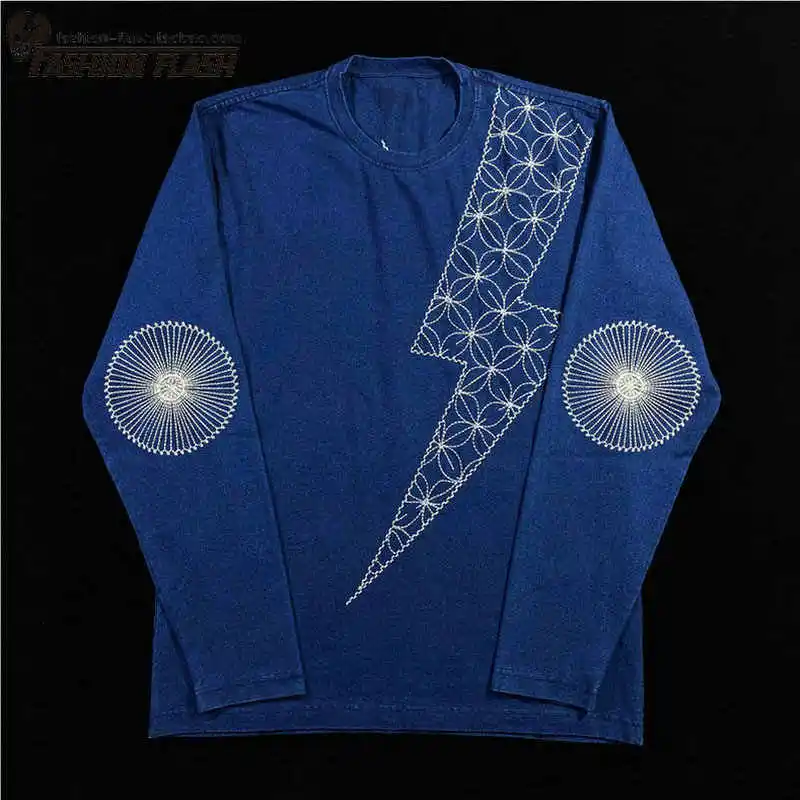 KAPITAL Hirata Kazuhiro's New Japanese Blue Dye Embroidered Lightning Retro Trend Casual Long Sleeved T-shirt for Men