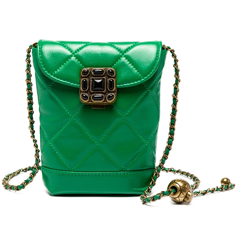 Fashionable Chain Mobile Phone 2024 New  Small Golden Ball Single Shoulder Calf Leather Women's Bag