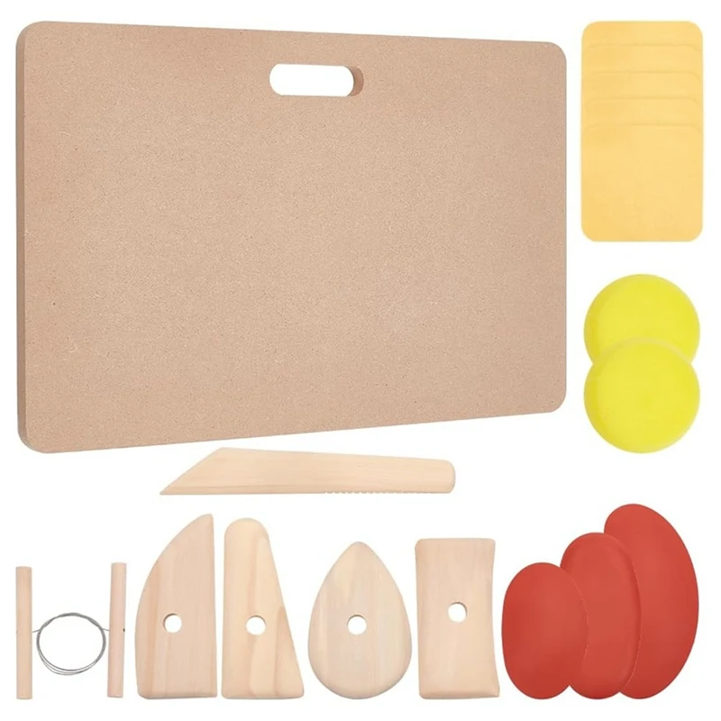 17Pcs DIY Clay Ceramic Craft Tool Kit Accessories Portable Clay Wedging Board With Built, MDF Wood Mud Mat Pottery Supplies