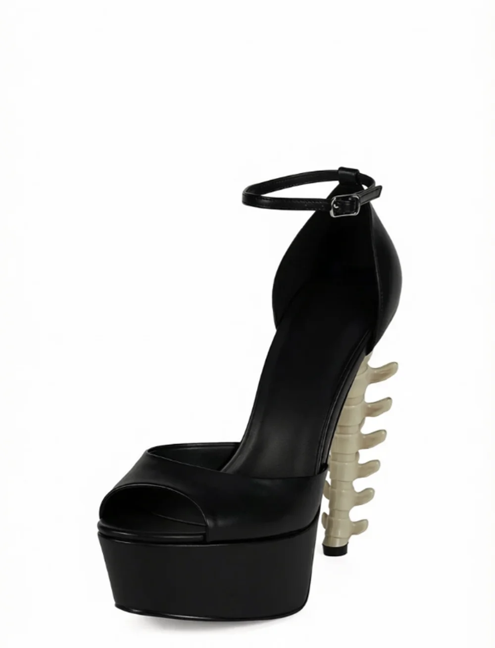 Black Faux Leather Peep Toe Platform Sandals Adjustable Buckle Ankle Strap Unique White Vertebrae Spine High Heel Design