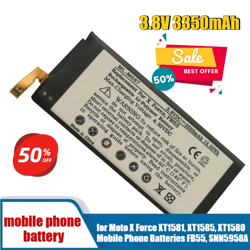 

3.8V 3350mAh for Moto X Force XT1581, XT1585, XT1580 Mobile Phone Batteries FB55, SNN5958A