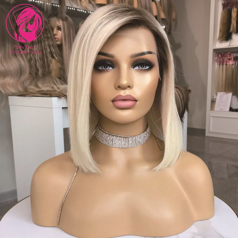 

Human Hair Wig Platinum White Blonde Lace Frontal Wigs Short Bob Straight Wig 13x4 PrePlucked Free Shipping Glueless Virgin Hair