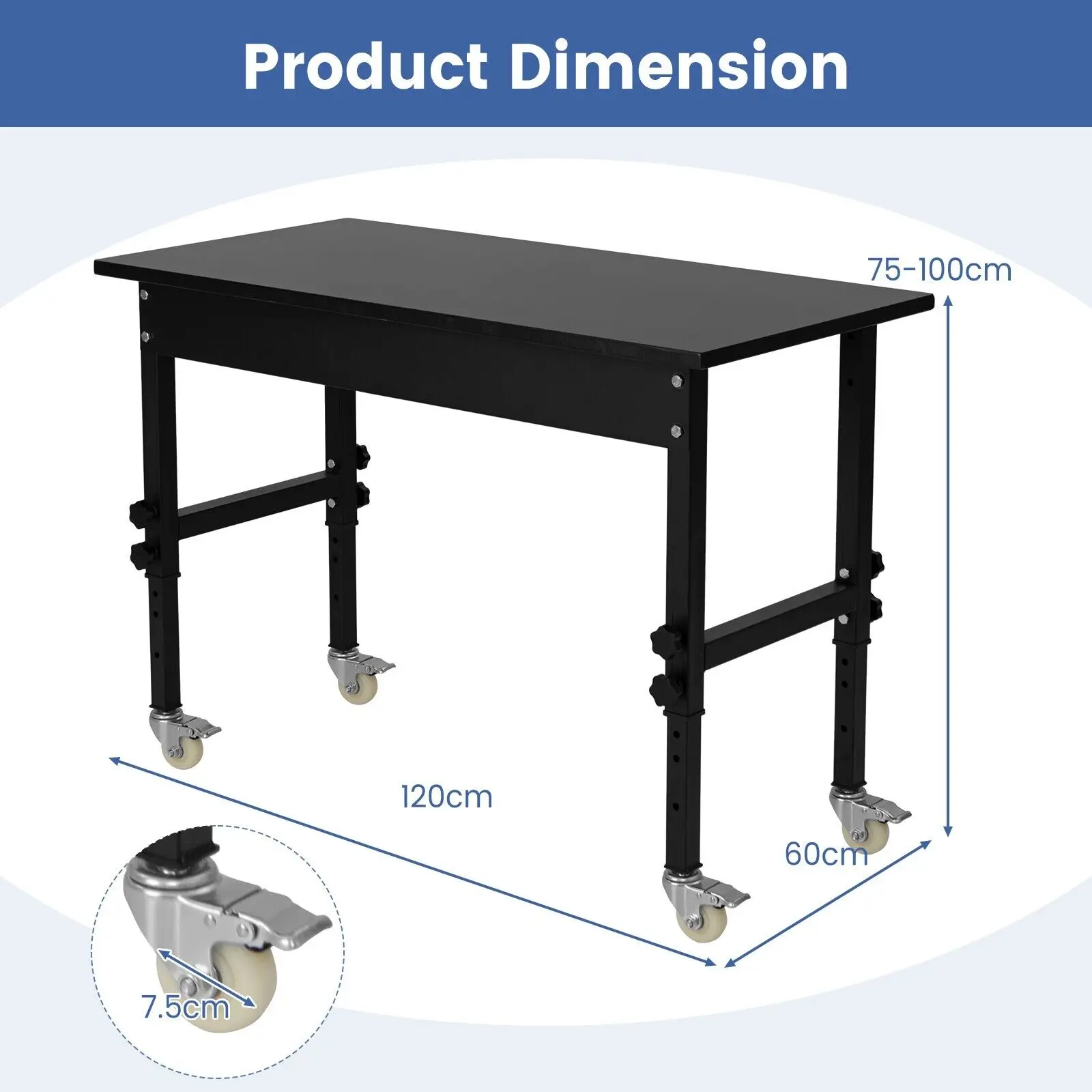 ERGOMASTER 120cm Adjustable Workbench Heavy-duty Workstation Bamboo Top Lockable Casters