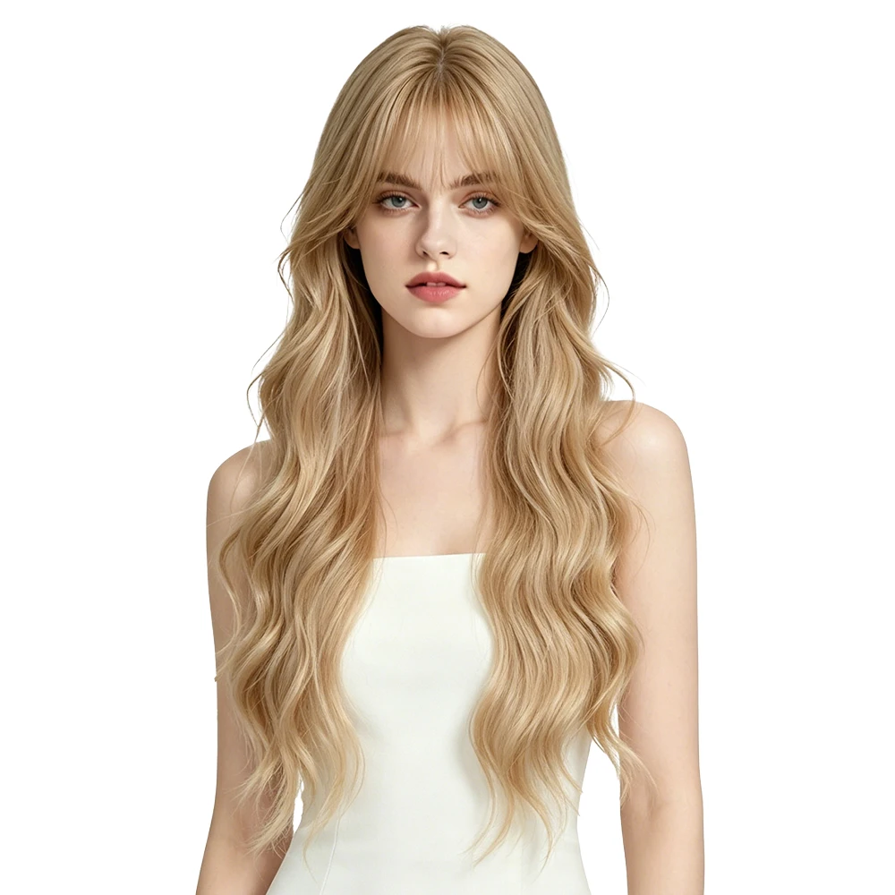 65cm Long Wavy Beige Blonde Cosplay Wig With Bangs Women Heat Resistant Synthetic Hair For Lolita Anime Costume Party Halloween