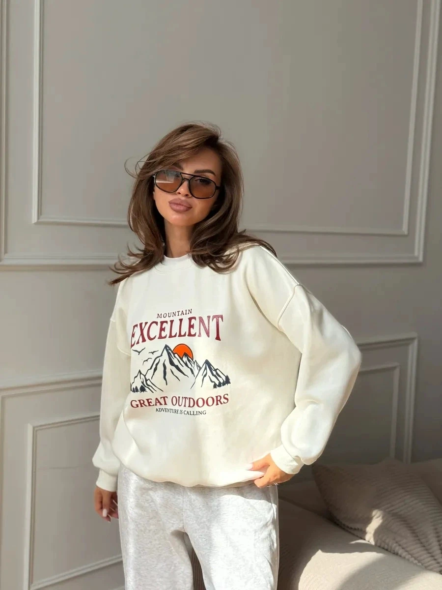 Faionable Casual Loose Printed Top Sweatirt Letter Pattern All-Match Long Sve round Ne Commute Sle Women's irt