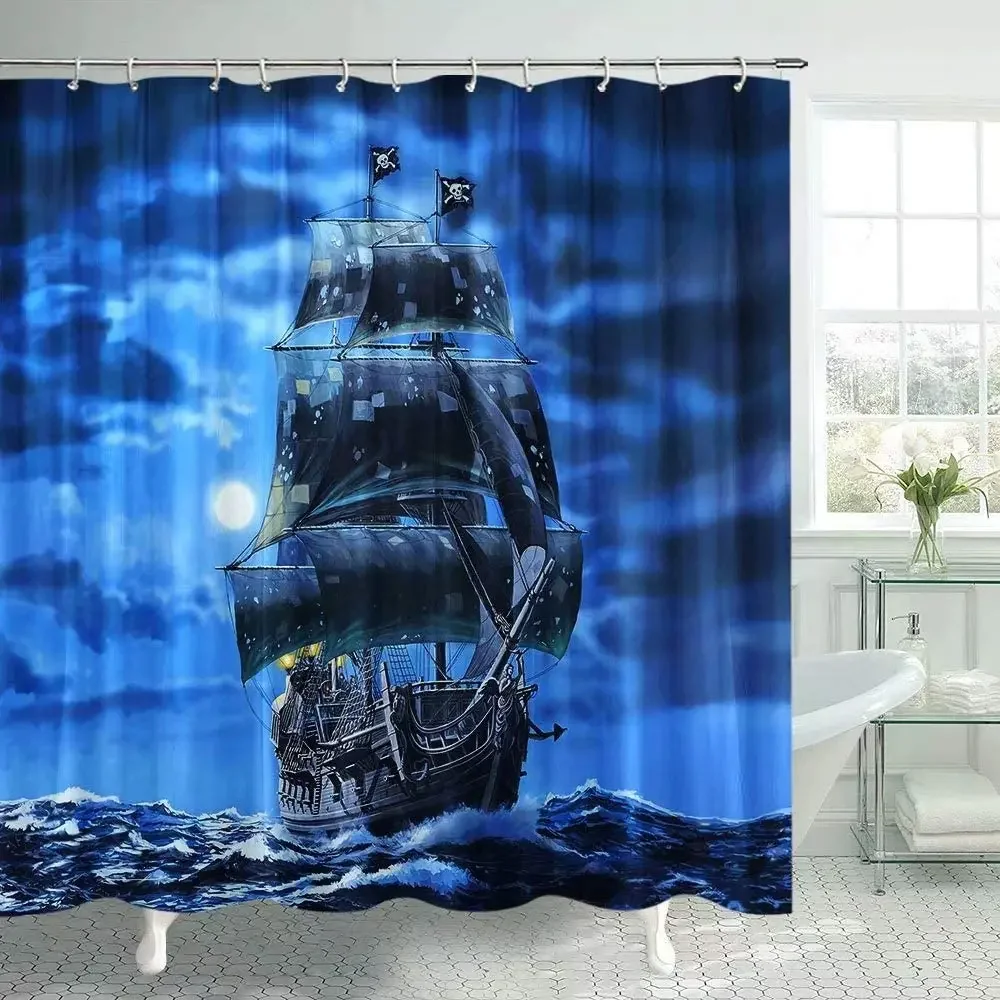 Pirate Ship By Ho Me Lili Shower Curtain For Bathroom Fantasy Ocean Vintage Themed Full Moon Bath Decor With Hooks