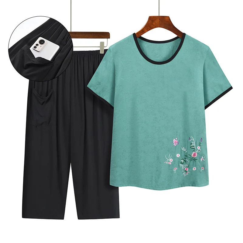 New Women Pyjamas Middle Aged Elderly Mother Pajamas Summer Short Sleeve Capri Pant Sleepwear Set Cotton Grandma's Home Clothes