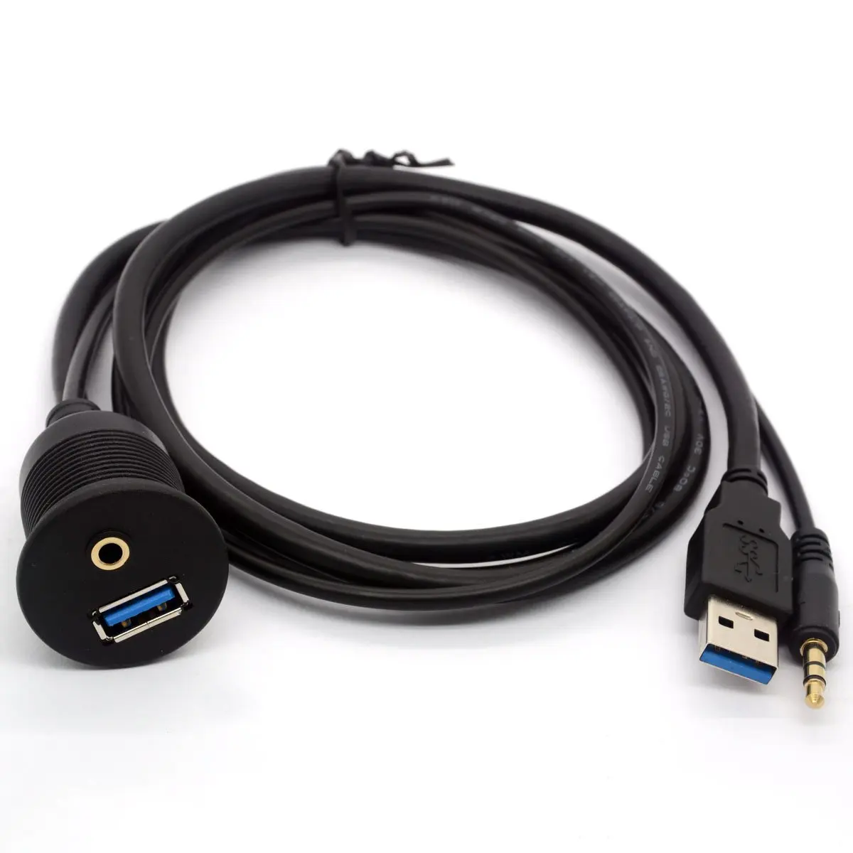 1M 3ft USB 3.0 & 3.5mm AUX Extension Mount Dash Mount Flush Mount Panel Cable for Car Boat Motorcycle Waterproof Cord
