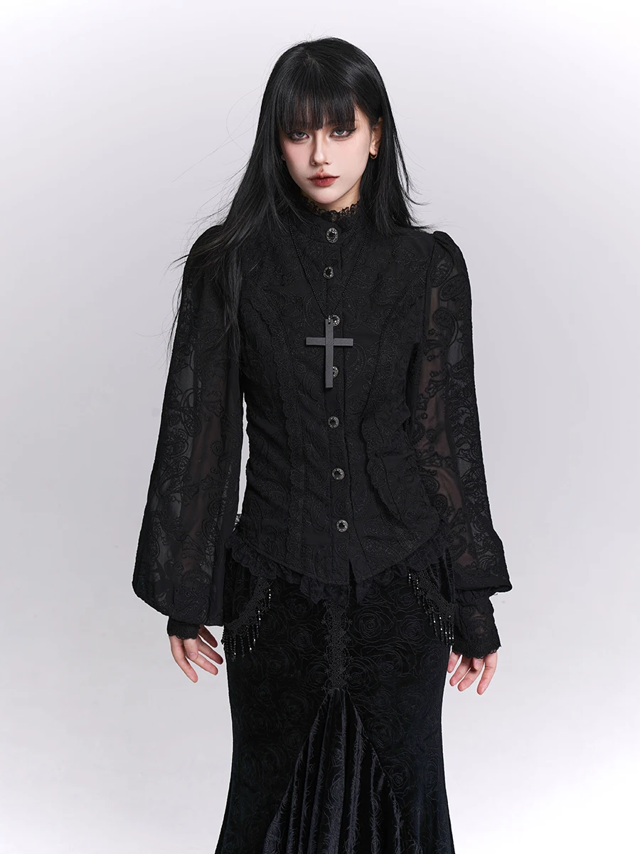 

Готическая женская блузка с цветочной вышивкой, приталенная, с длинными рукавами-фонариками, на пуговицах, с воротником-стойкой, в тематическом стиле