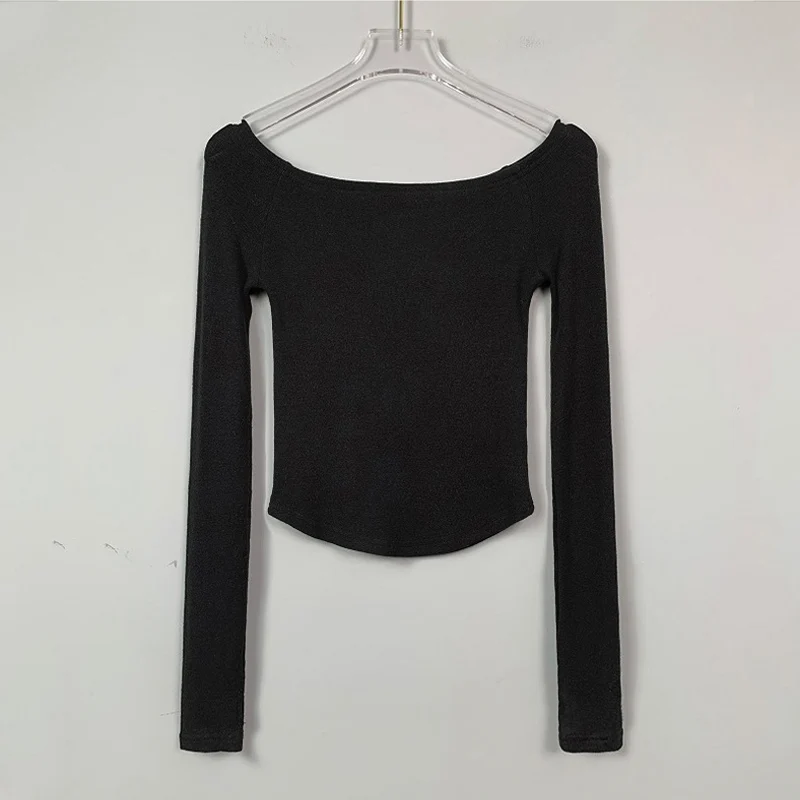 Ladies Y2K Off Shoulder Long Sleeve Crop T‑shirt Thumb Cuff Design Soft Ribbed Jersey Slim Fit Going‑Out Short Blouse Top