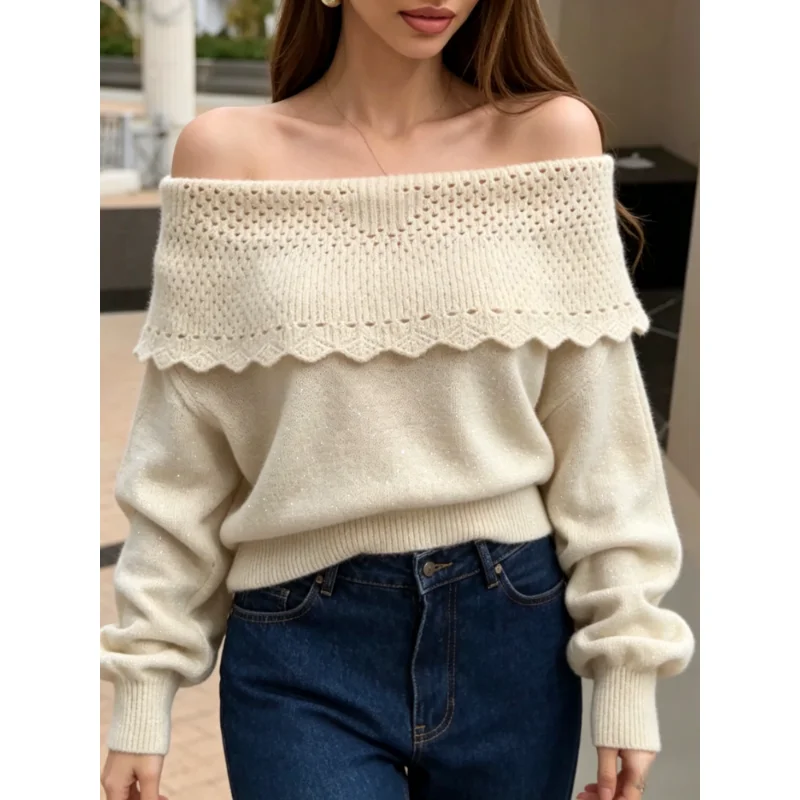 Chic Women Fall Winter Sparkle Fleck Knit Jumper, Asymmetric Sexy Off Shoulder Ruffle Trim Long Sleeve Casual Date Party Sweater