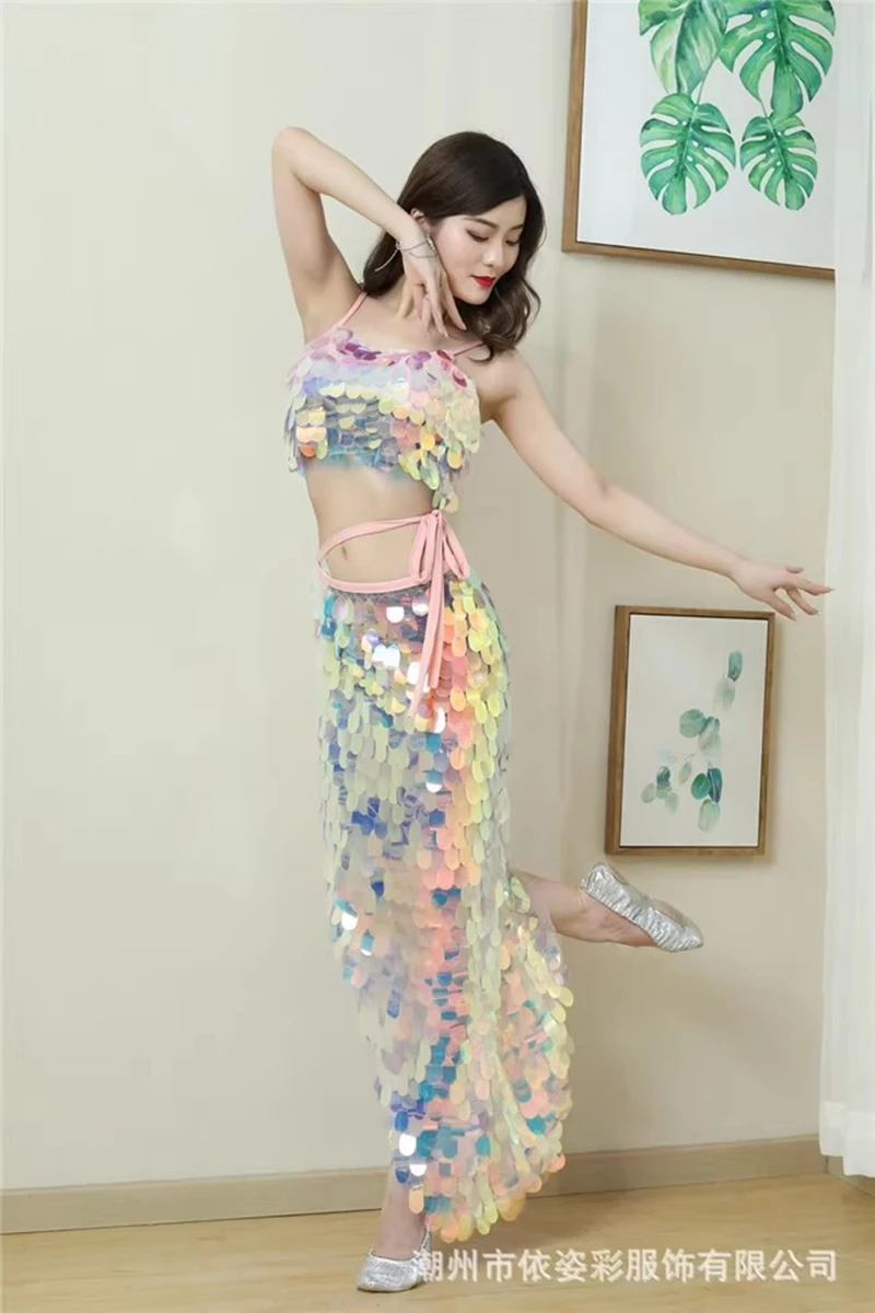 Colorful Scale Sequin Camisole Top+Long Dress 2pcs Belly Dance Female Singer Bar Nightclub Dancer Team Stage Performance costume