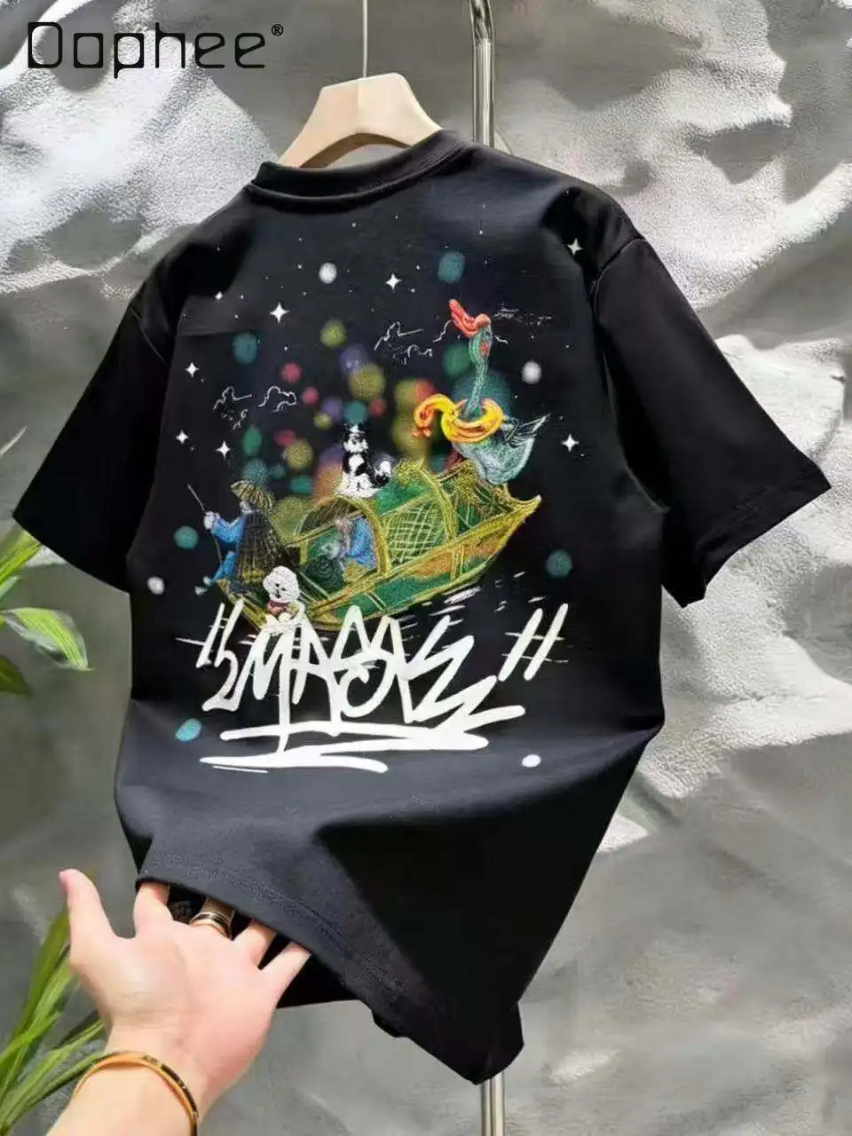 

Summer New Men Cute Cartoon Spray Paint Graffiti Letter Print White Black Loose Casual Daily Round Neck Short Sleeve T-Shirt