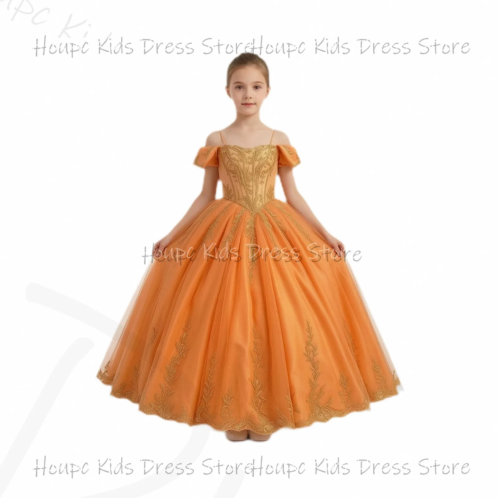 Wedding Custom Flower Girl Dresses Off Shoulder Puffed Sleeve Satin Tulle Embroidered Floor-Length Wedding Birthday Party