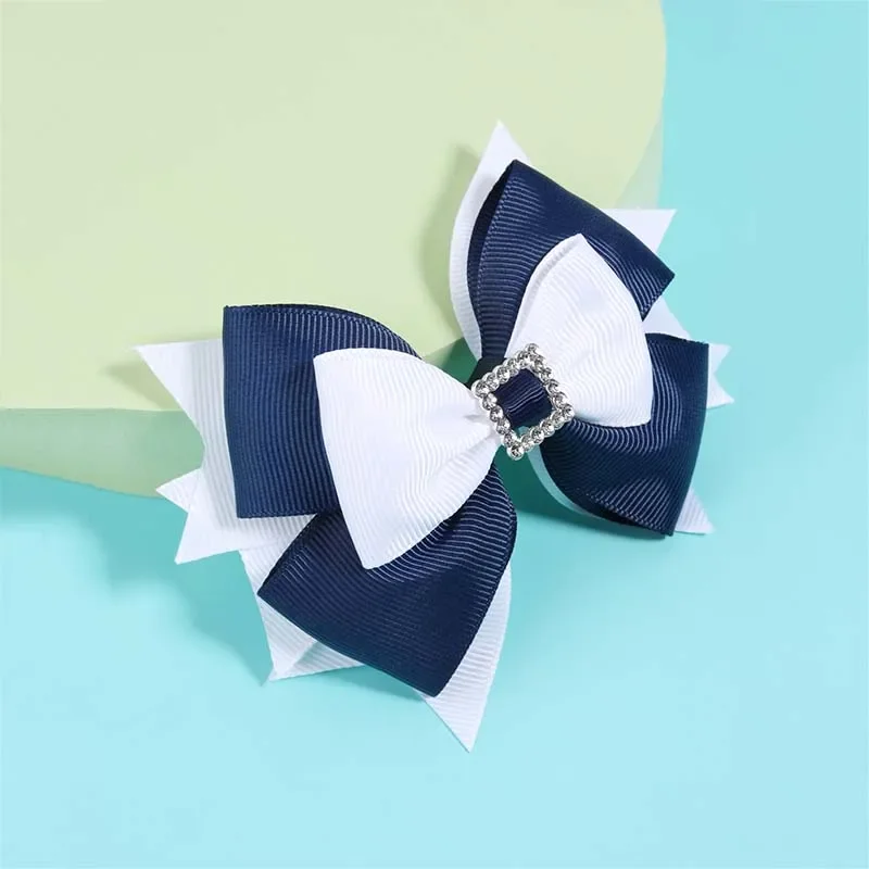 ncmama 3-Layer Blue White Ribbon Bow Hairpin Rhinestones Hair Bows Clip for Kids Girls Barrettes Girl Hair Accessories Headwear