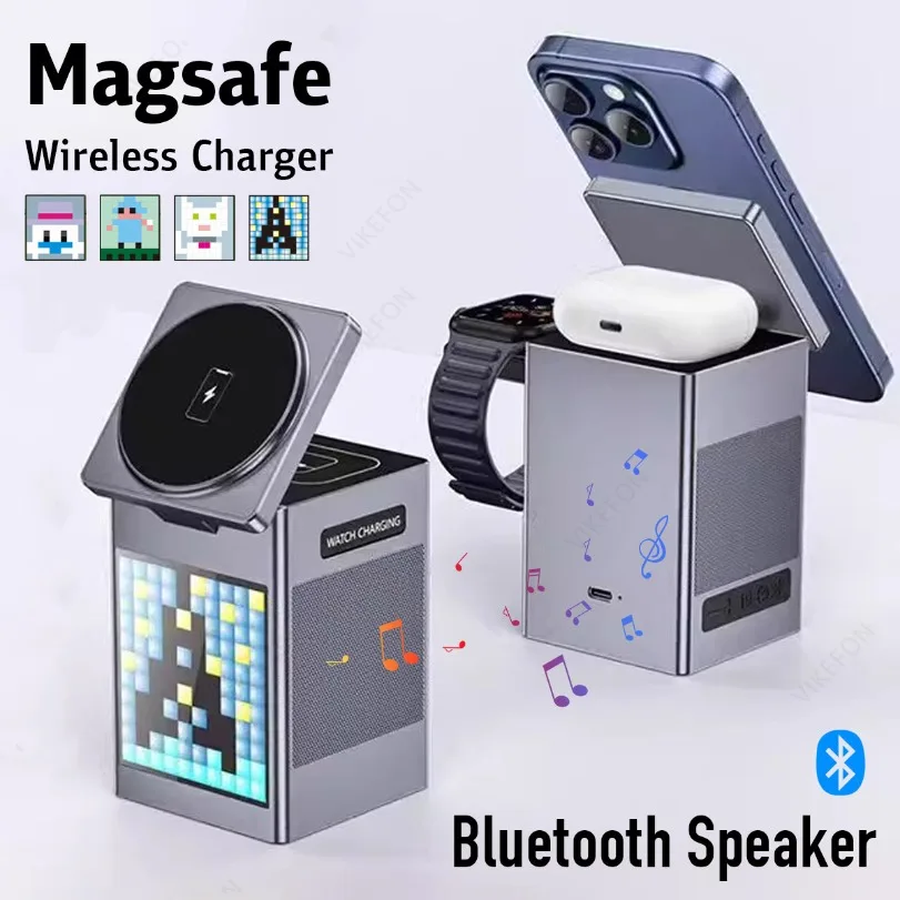 شاحن لاسلكي مغناطيسي قابل للطي 6 في 1 سمّاعات بلوتوث وساعة منبه وكبس كرتوني لهاتف iPhone 16 ~ 12 iWatch Airpods 3 Pro