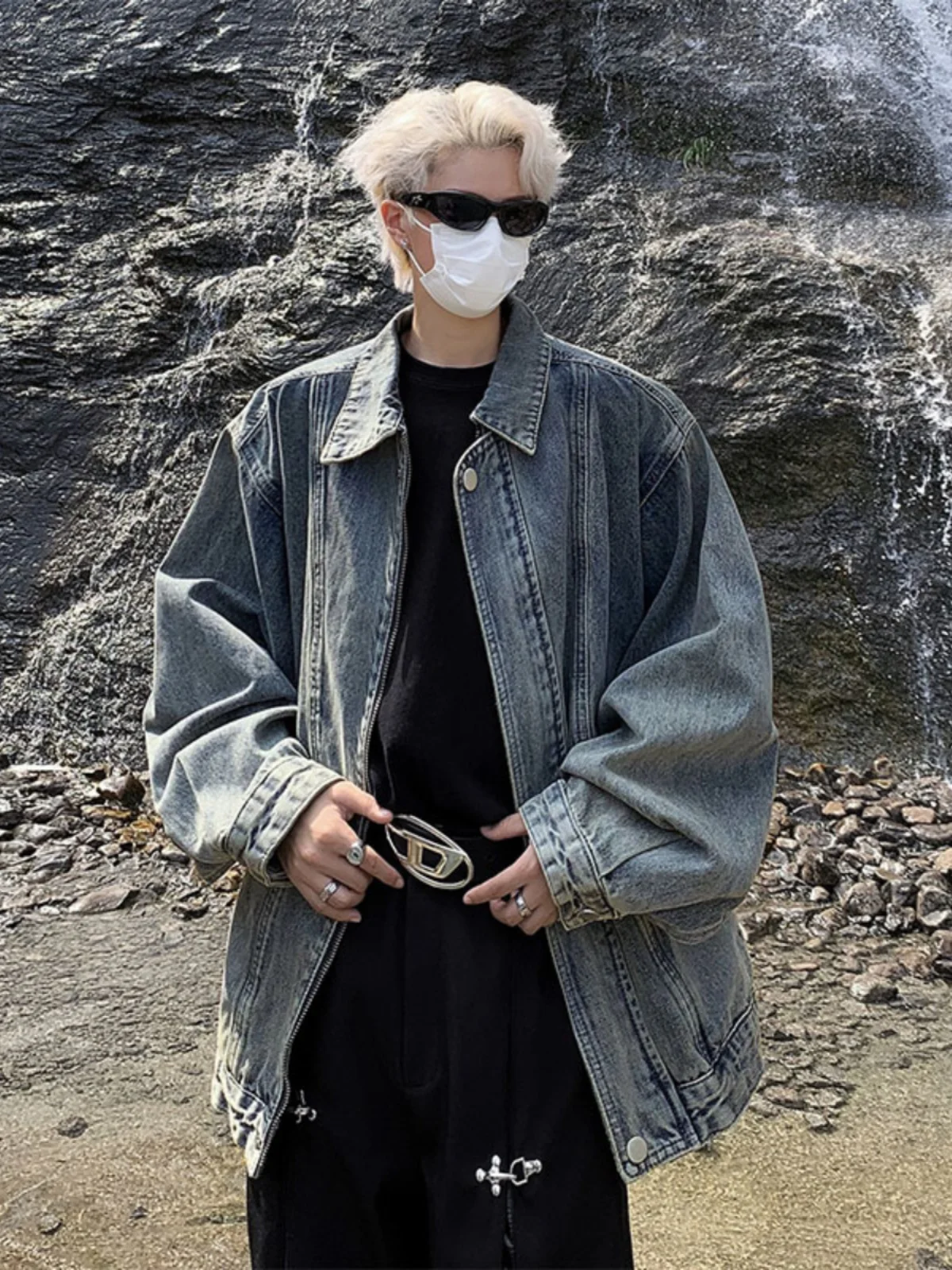 

Модный уличный джинсовый кардиган на молнии в винтажном стиле с отложным воротником для мужчин, осенняя свободная куртка с длинными рукавами