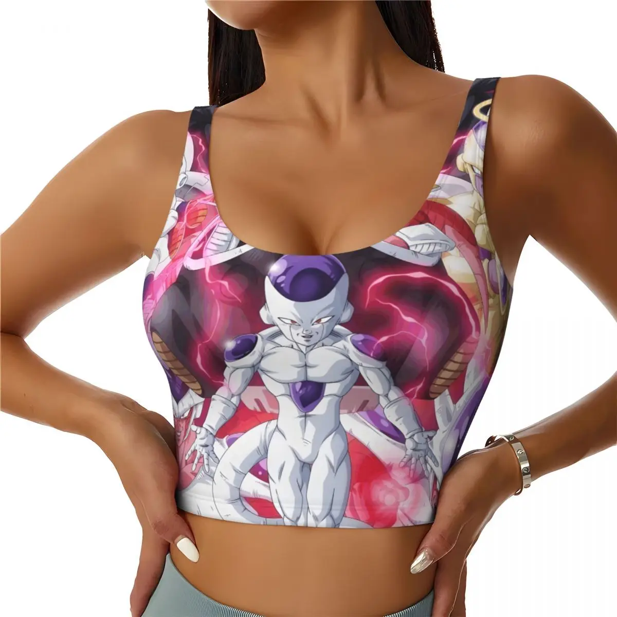 

Спортивный бюстгальтер Custom Frieza Cartoon Hot для женщин: укороченный топ для интенсивных тренировок и йоги с принтом персонажа-злодея