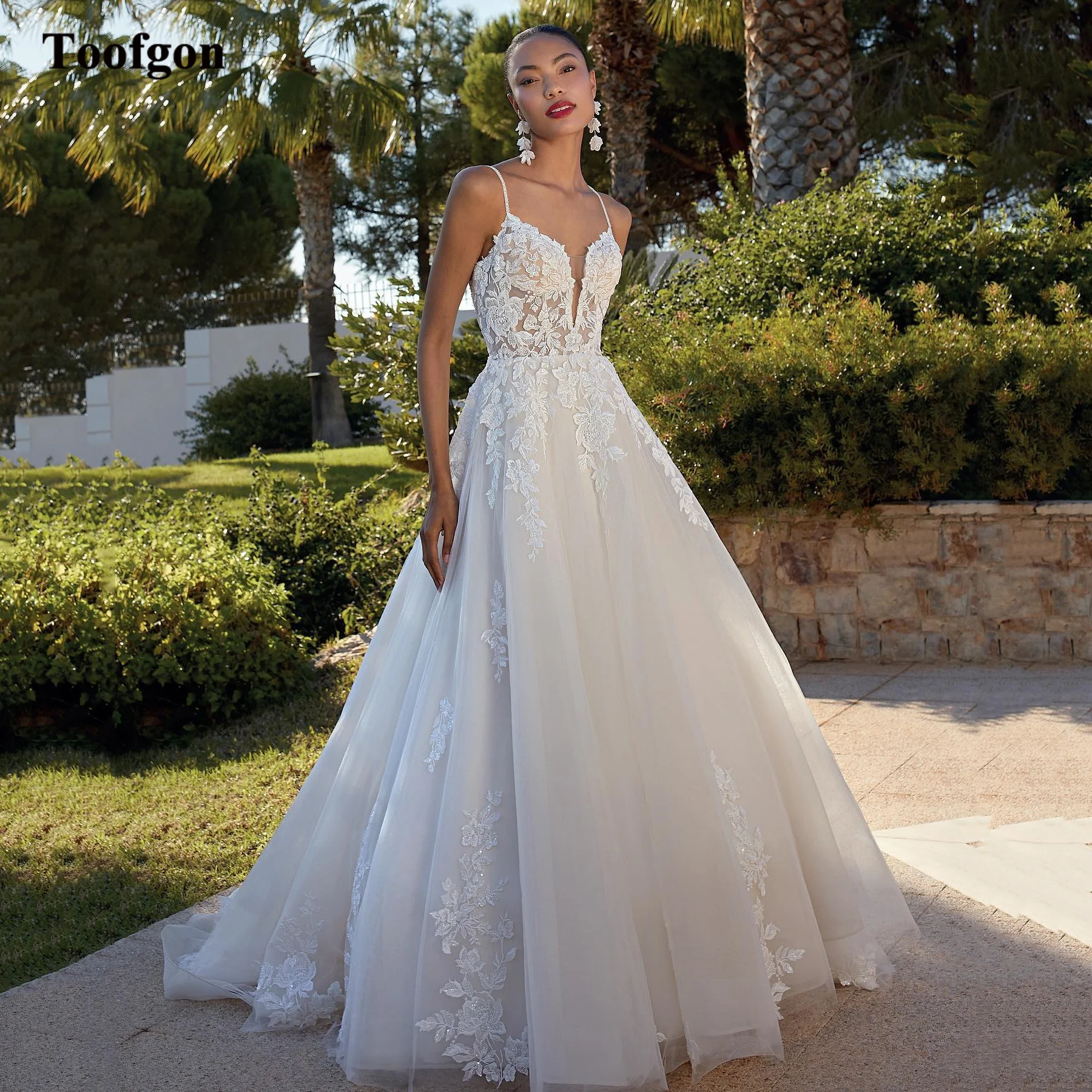 Toofgon-Robes de mariée en dentelle avec appliques pour la mariée, une ligne, tulle, bretelles spaghetti, robe de mariage pour les patients, tout ce qui est personnalisé