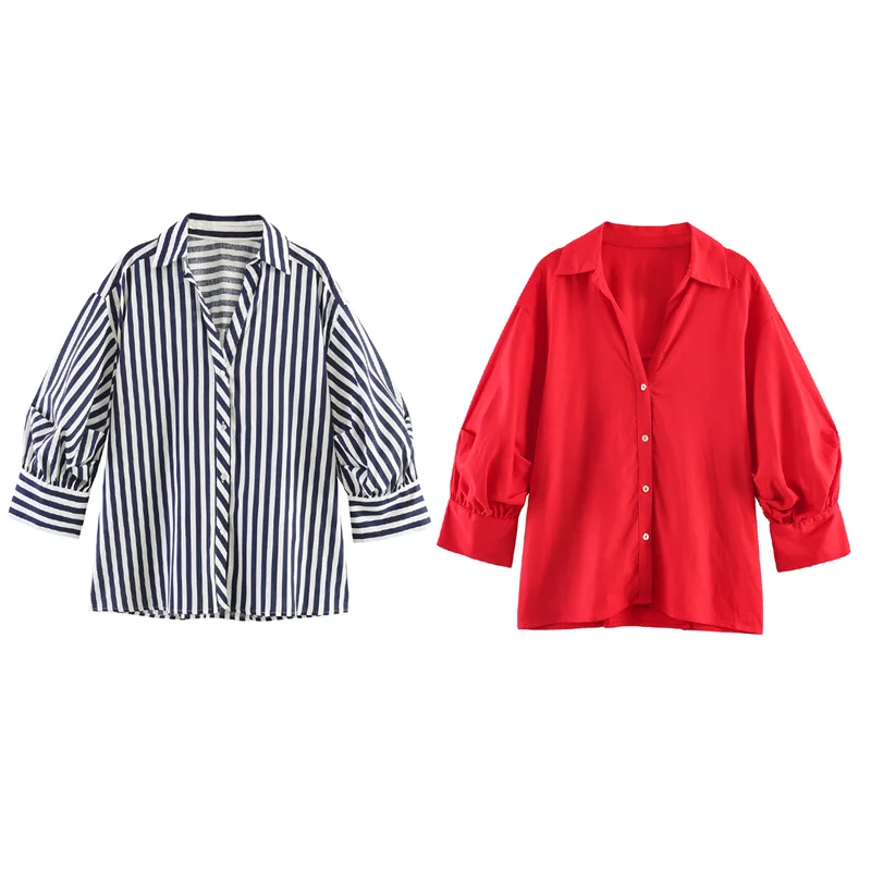 

Summer Women's Bubble Sleeve Striped Shirts Tops 2026 New Fashionable Casual Loose Blouses Elegant Women's Shirt Top