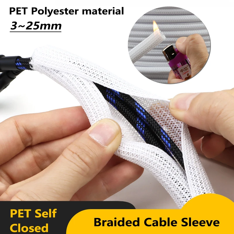 

White PET Braided Expandable Cable Sleeve 3mm ~ 25mm Flexible Self Closed Insulated Wrap Pipe Tube Line Protector Wire Organizer