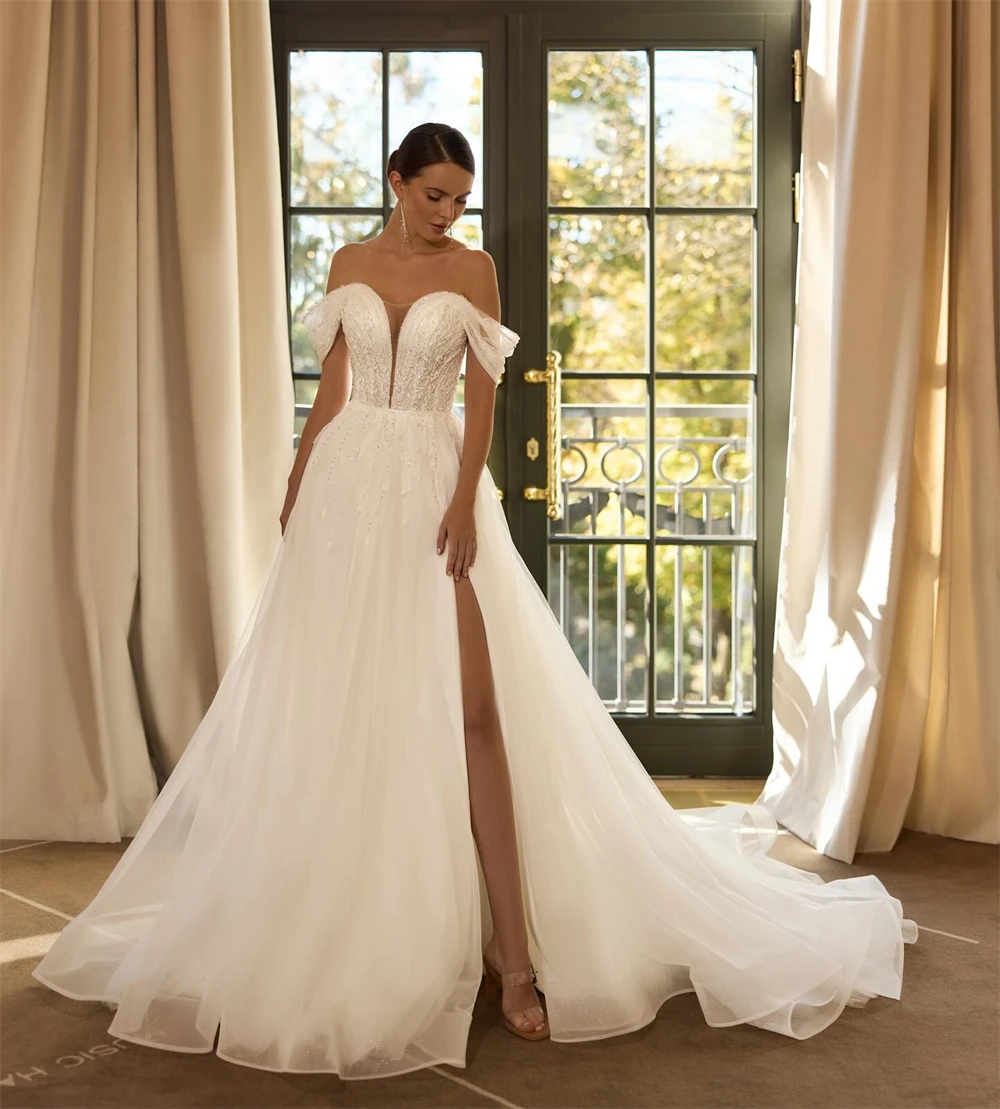 Customized Boho White Organza Wedding Dress Sexy Sweetheart Off the Shoulder Bridal Gowns Soft A-Line Court Train Robe de mariée