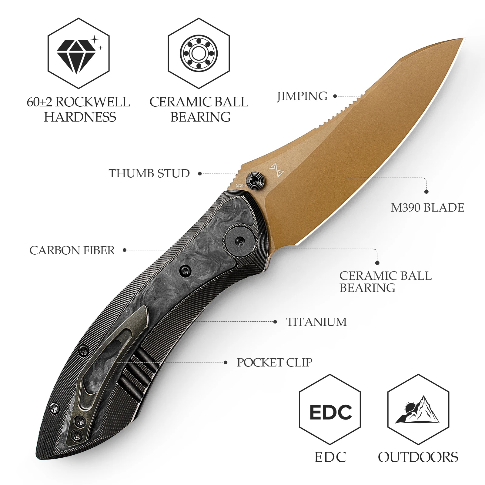 TRIVISA Rhino Pocket Folding  Knife  M390 Blade Titanium & Carbon Fiber Handle, Camping Hunting Fishing Outdoor High Quality EDC