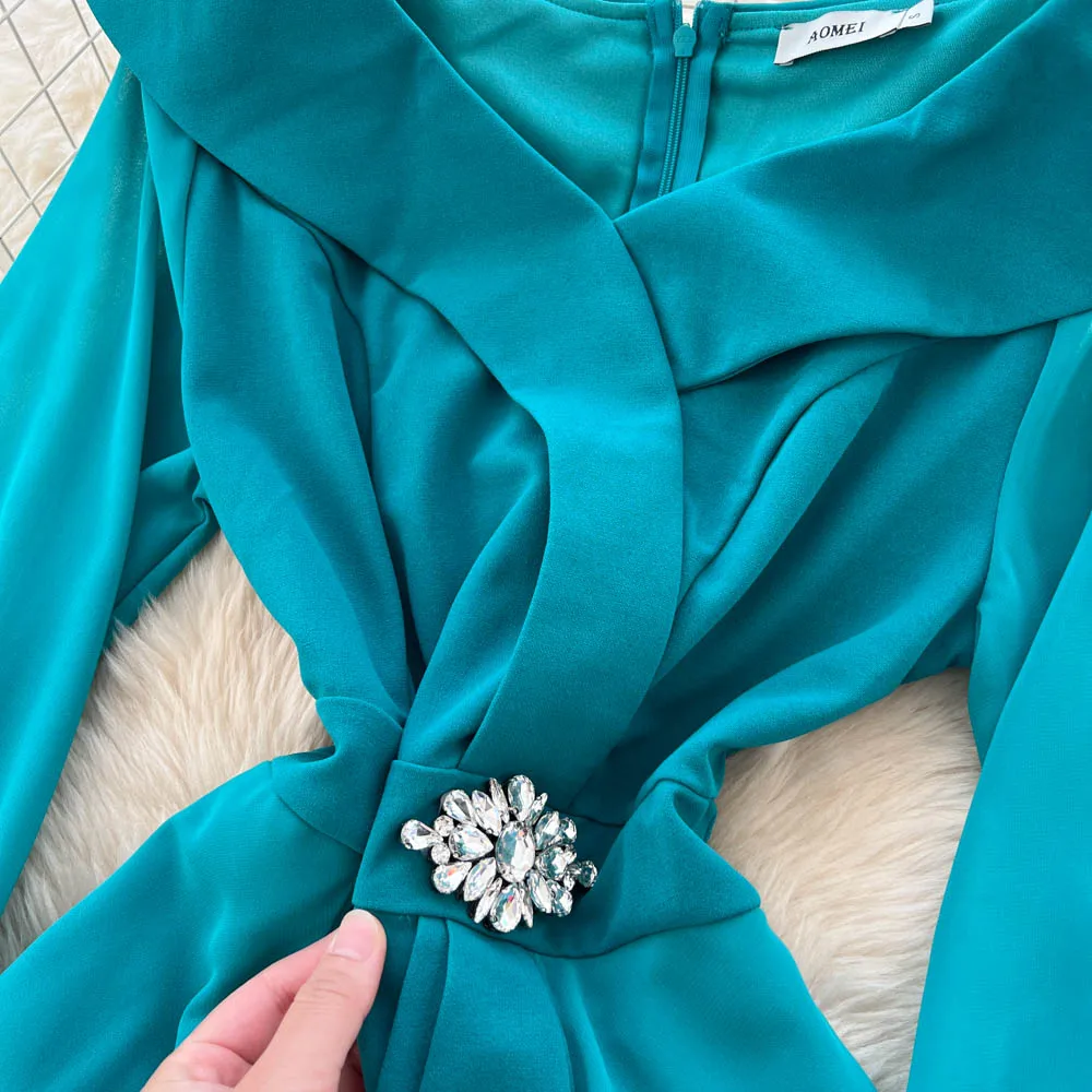 Sexy Elegant long sleeve V-neck mesh Party A-line dress Women evening korean fashion ceremony dresses