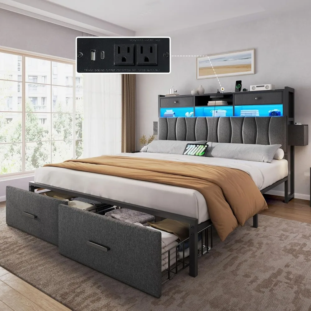 YITAHOME Full Size Bed Frame with 2 Storage Drawers and Charging Station, Linen Upholstered Bed with Storage Headboard and LED L