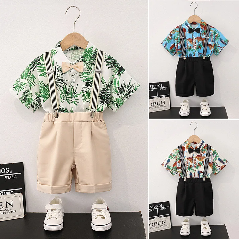 

Kids Clothing Boys Casual Shirt Summer New Children Sets Handsome Floral Shirt Hawaii Holiday Style Suspenders Trouser Set