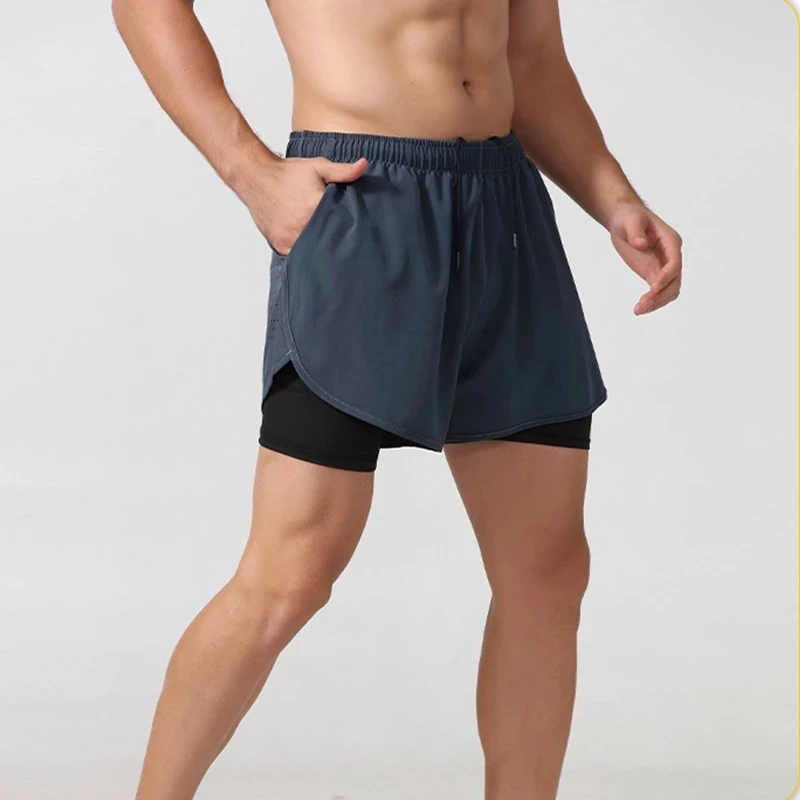 Shorts de course à séchage rapide pour hommes, Shorts de Fitness à Double couche, pantalons courts de musculation, d\'entraînement, de Sport,