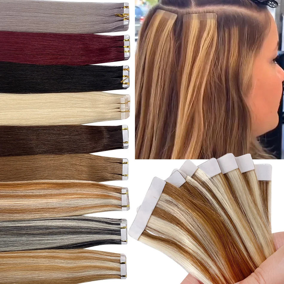 Straight Tape In Hair Extensions 100% Human Hair Skin PU Weft Tape in Hair Extensions Adhesive All Color Real Mega Hair 28 Inch