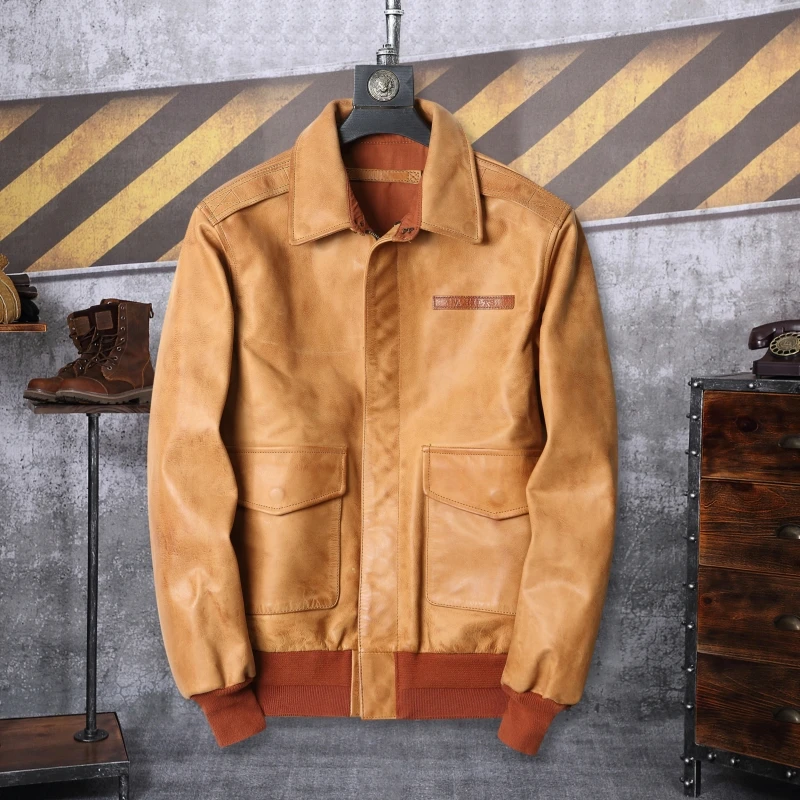 

Classic A2 Flight Jaet Men's Slim Fit Oil Wax Cowhide Leather Biker Jaet Vintage Dirtied Large Size Genuine Leather Jaet