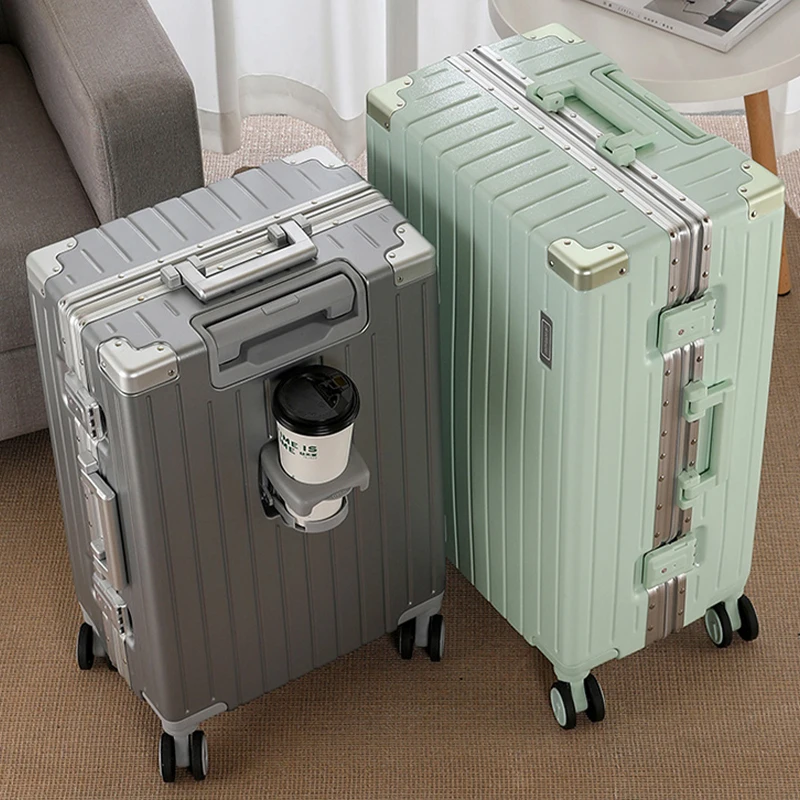 

Чемодан с алюминиевой рамой, 20-28 дюймов, чемодан большой вместимости с подстаканником, унисекс, чемодан на колесиках с кодовым замком и бесшумным колесом