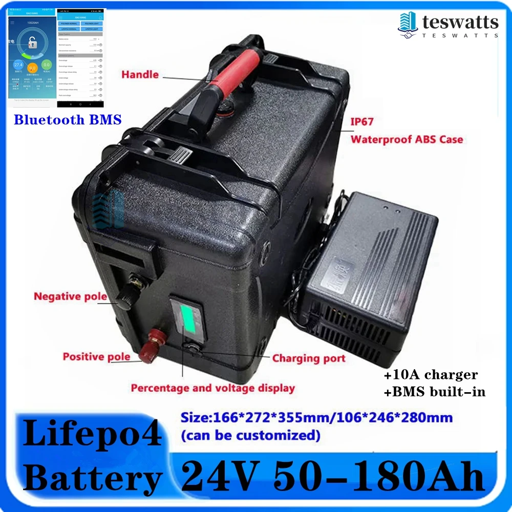 Waterproof 24V 50Ah 60Ah 80Ah 100Ah 130Ah 150Ah 180Ah Lifepo4 battery BMS 8S for trolling motor solar system Camper+10A Charger