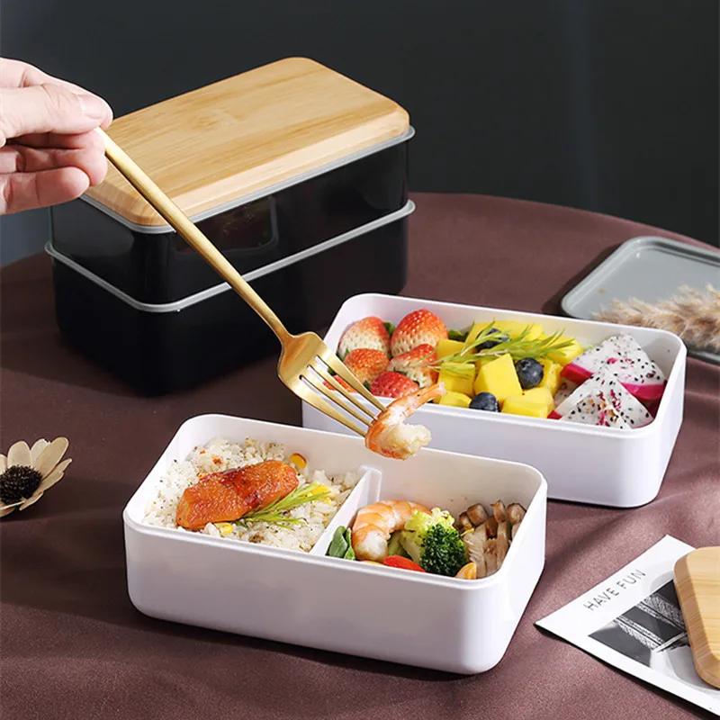 Wood Grain Lid Plastic Lunch Box with Compartments Single/Double Layer Microwave Bento Boxes Kitchen Sealed Food Container