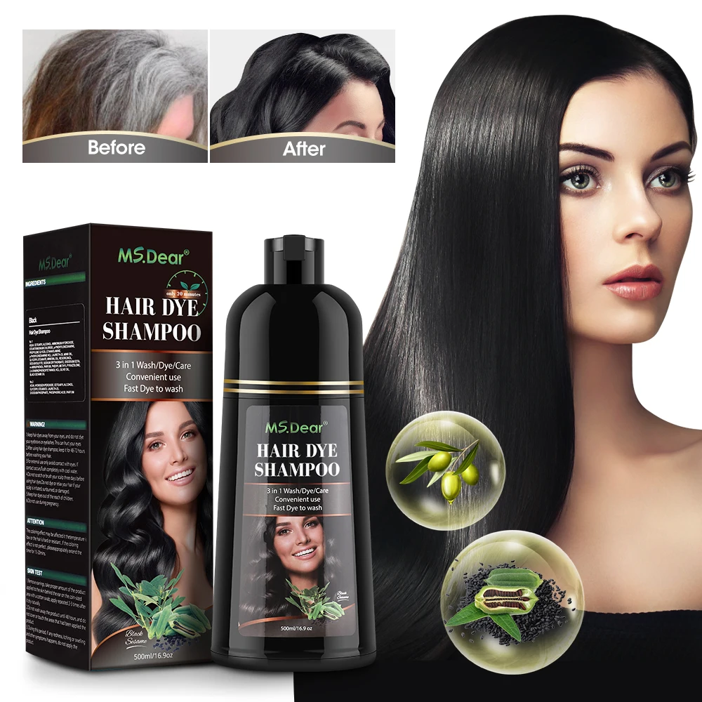 500ml Instant Black Dye Shampoo Black Brown Hair Coloring Natural Herbal Ginseng Hair Repair Shampoo Grey White Hair Dyed Black